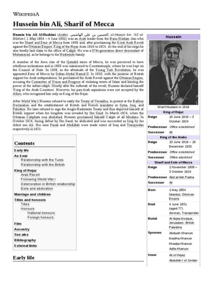Hussein Bin Ali Sharif Of Mecca Biography